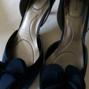 Navy blue satin d'orsay mid heel dressy shoes